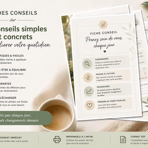 Peut inclure: Plusieurs fiches de conseils imprimables sur le thème du bien-être, avec du texte en français. Elles présentent un design minimaliste avec des illustrations botaniques, une tasse de café et un stylo doré.