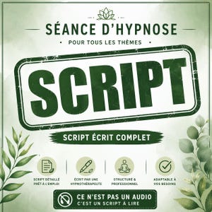 Puede incluir: Gráfico verde y blanco que promociona un guion de hipnosis. La palabra "SCRIPT" se muestra de forma destacada en una fuente grande y desgastada. Texto adicional incluye "SCRIPT ÉCRIT COMPLET" y detalles sobre las características del guion.