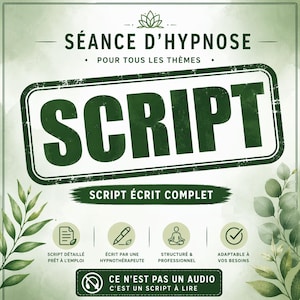 May include: A green and white graphic promoting a hypnosis script. The word "SCRIPT" is prominently displayed in a large, distressed font. Additional text includes "SCRIPT WRITTEN COMPLETE" and details about the script's features.