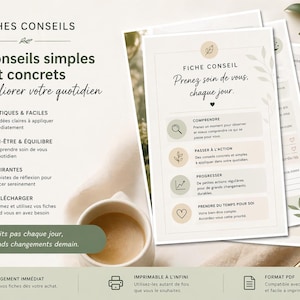 Könnte beinhalten: Mehrere druckbare Selbstpflege-Ratgeber mit französischem Text, minimalistischem Design, botanischen Illustrationen, einer Kaffeetasse und einem goldenen Stift. Die Blätter sind zum Ausdrucken gedacht.