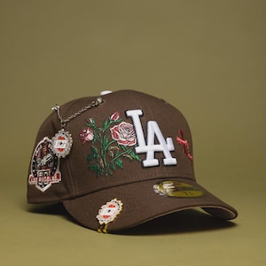 LA Dodgers Brown Floral Embroidered Adjustable Hat Vintage Patch Streetwear Baseball Cap