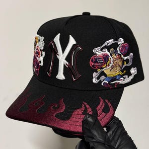 New York Yankees Anime Flame Hat Luffy Inspired Embroidered Snapback Streetwear Cap