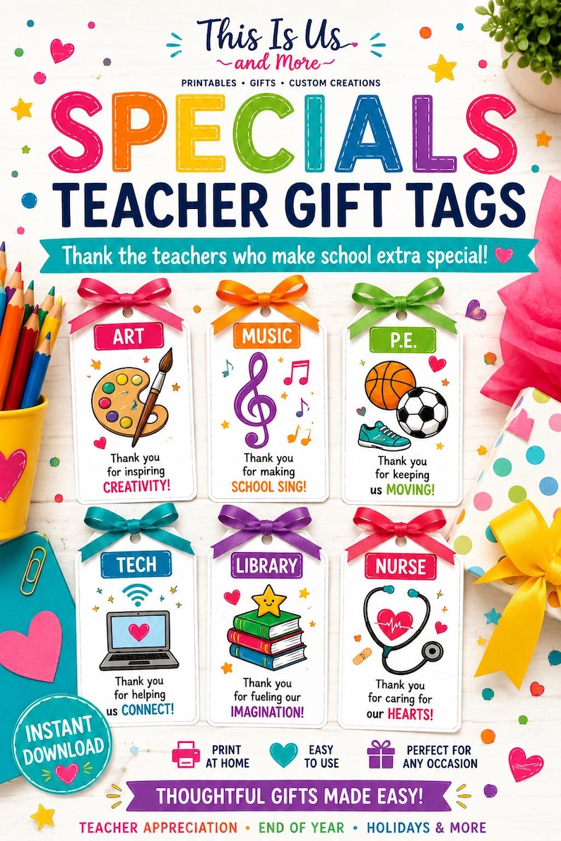May include: Colorful teacher gift tags with various themes like art, music, and P.E. Each tag features a related graphic and a thank you message. The tags are designed for teacher appreciation and are available as an instant download.