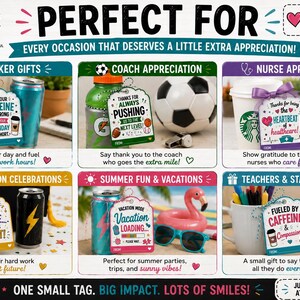 May include: Promotional image featuring gift tags for different occasions. The tags are designed for coworkers, coaches, nurses, graduates, summer fun, and teachers. Each tag has a unique design and message, with items like coffee cups, drinks, and a football.