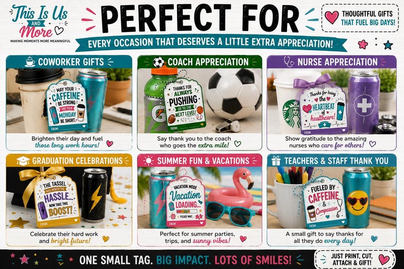 May include: Promotional image featuring gift tags for different occasions. The tags are designed for coworkers, coaches, nurses, graduates, summer fun, and teachers. Each tag has a unique design and message, with items like coffee cups, drinks, and a football.