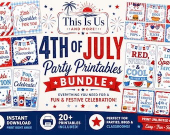 Paquete imprimible para fiesta del 4 de julio / Decoraciones patrióticas / Descarga instantánea / Decoración para barbacoa / Etiquetas para comida / Letreros para estaciones de bebidas / Etiquetas para recuerdos