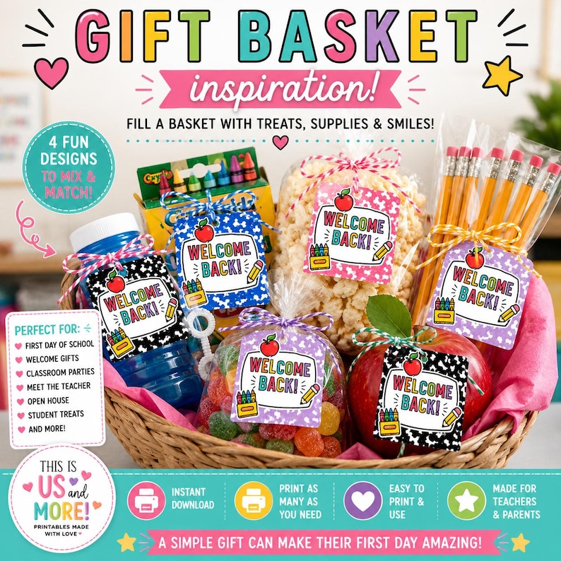 May include: A woven basket filled with school-themed gift items including a blue bottle, a box of crayons, a bag of popcorn, a bundle of yellow pencils, and a red apple. Each item features a tag with the text WELCOME BACK and school icons.
