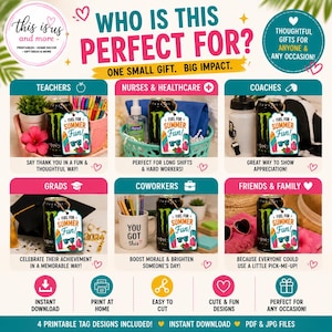 May include: Promotional graphic with the text "Who is this perfect for?" and "One small gift. Big impact." The image displays gift tag designs for various recipients, including teachers and nurses. Each tag has a summer theme with sunglasses and surfboards.