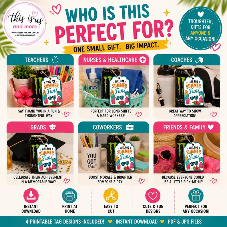 May include: Promotional graphic with the text "Who is this perfect for?" and "One small gift. Big impact." The image displays gift tag designs for various recipients, including teachers and nurses. Each tag has a summer theme with sunglasses and surfboards.