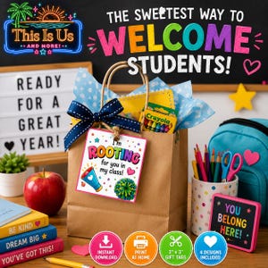 May include: A brown paper gift bag with a navy blue ribbon, containing a yellow notebook and a box of Crayola crayons. A white tag attached to the bag reads I'm ROOTING for you in my class! with a megaphone and pom-pom graphic illustration.