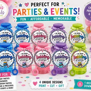 May include: A collection of ten plastic bubble bottles in blue, pink, purple, and green, each topped with a matching polka-dot ribbon and a circular tag featuring the text I've been bubbling with excitement to meet you and a bubble bottle graphic.