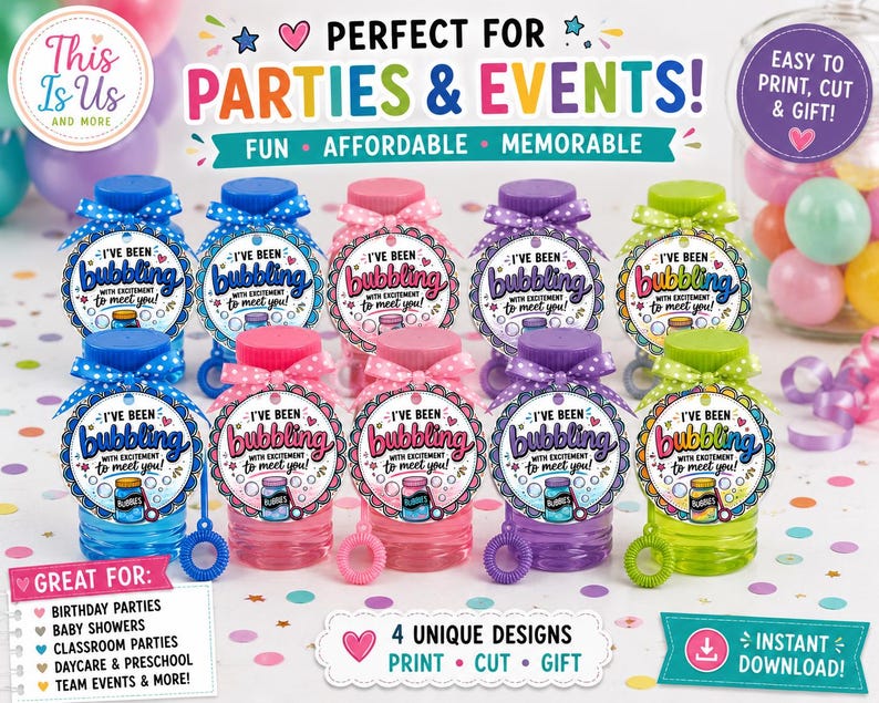 May include: A collection of ten plastic bubble bottles in blue, pink, purple, and green, each topped with a matching polka-dot ribbon and a circular tag featuring the text I've been bubbling with excitement to meet you and a bubble bottle graphic.