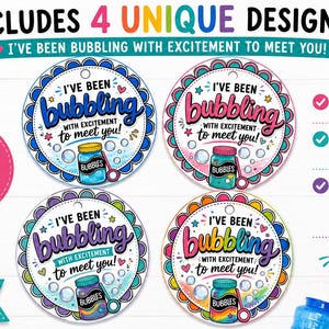 May include: Four circular gift tags featuring the text I've been bubbling with excitement to meet you and a bubble bottle illustration. The designs include blue, pink, purple, and rainbow scalloped borders with small stars and hearts.