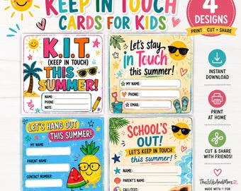 Tarjetas para que los niños se mantengan en contacto / Tarjetas de contacto de verano / Actividad del último día (Descarga instantánea)