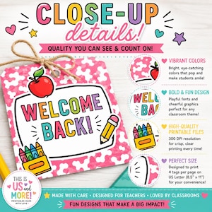 May include: A rectangular tag with a pink and white cow print background, featuring a red apple, a yellow pencil, and a box of colourful crayons. The text reads WELCOME BACK! in multi-coloured letters. Includes circular detail insets and text.