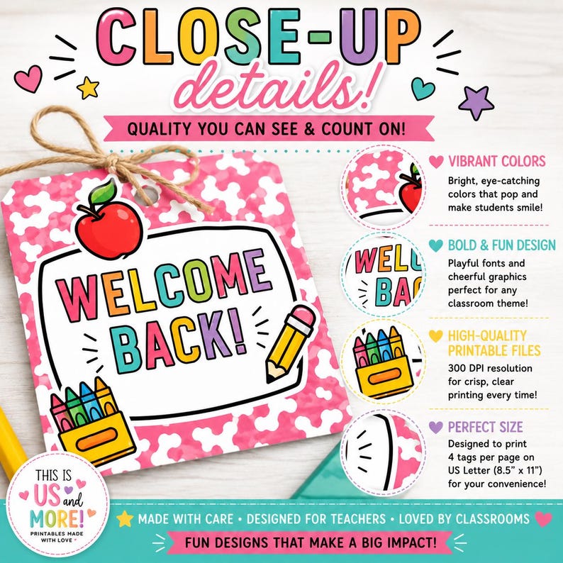 May include: A rectangular tag with a pink and white cow print background, featuring a red apple, a yellow pencil, and a box of colourful crayons. The text reads WELCOME BACK! in multi-coloured letters. Includes circular detail insets and text.