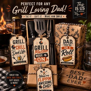 May include: A Father's Day gift set featuring barbecue tools, beer, and gift boxes. The image includes tags with text such as "Grill Master Mode: ON" and "You're Flippin' Awesome, Dad!" The theme is barbecue and grilling.