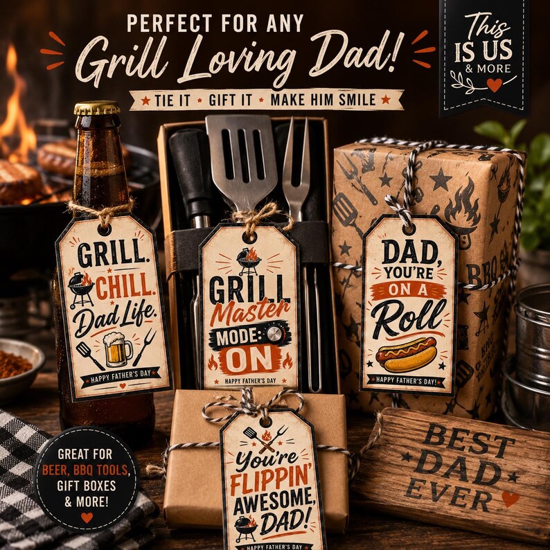 May include: A Father's Day gift set featuring barbecue tools, beer, and gift boxes. The image includes tags with text such as "Grill Master Mode: ON" and "You're Flippin' Awesome, Dad!" The theme is barbecue and grilling.
