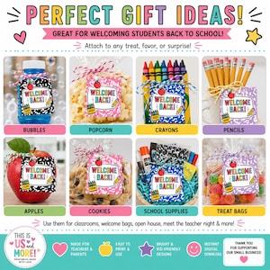 May include: A digital printable set of gift tags featuring the text WELCOME BACK! with an apple, pencil, and crayon graphic. The tags are shown attached to bubbles, popcorn, crayons, pencils, apples, cookies, school supplies, and treat bags.