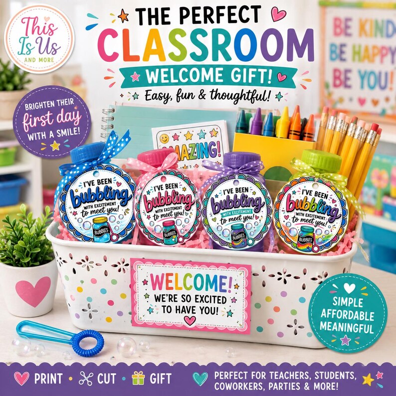May include: A white plastic basket with colorful polka dots contains four bubble bottles with blue, pink, purple, and green caps. Each bottle has a round tag reading I've been bubbling with excitement to meet you. Includes pencils and crayons.