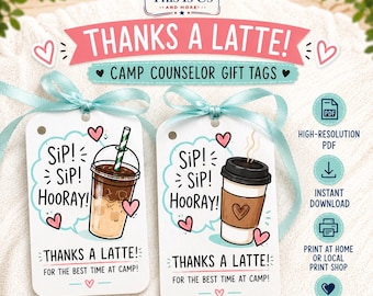 Etiquetas de regalo para monitores de campamento "Gracias por un café con leche" / Agradecimiento al final del campamento / Etiqueta de café imprimible (Descarga instantánea)