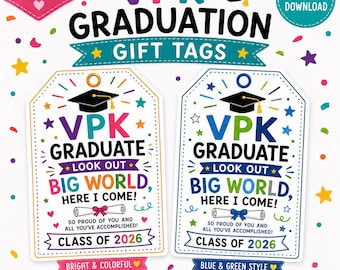 Etiquetas para regalos de graduación de preescolar (VPK) / Clase de 2026 / Recuerdos de graduación de preescolar (Descarga instantánea)