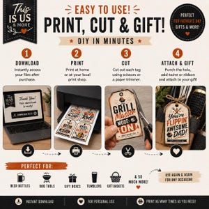 May include: A guide for creating gift tags, with instructions to download, print, cut, and attach. The tags are designed for Father's Day and can be used for various gifts, including beer bottles, BBQ tools, gift boxes, tumblers, and gift baskets.
