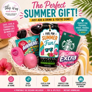 May include: A summer gift basket containing a can of Monster Energy drink, Airheads sweets, EOS lip balm, sunglasses, a Starbucks gift card, and chewing gum. The tag says "Fuel for Summer Fun!" and the text "The Perfect Summer Gift!" is displayed.