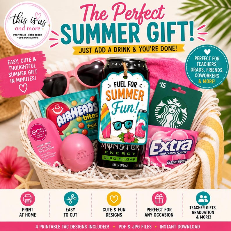 May include: A summer gift basket containing a can of Monster Energy drink, Airheads sweets, EOS lip balm, sunglasses, a Starbucks gift card, and chewing gum. The tag says "Fuel for Summer Fun!" and the text "The Perfect Summer Gift!" is displayed.