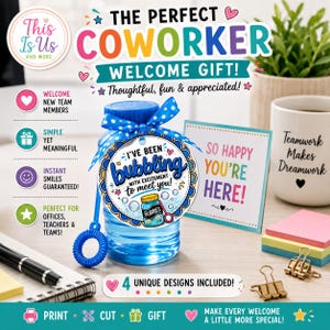 May include: A blue plastic bubble bottle with a polka dot ribbon and a circular tag reading I've been bubbling with excitement to meet you, accompanied by a square card stating So happy you're here, alongside office supplies and a mug.