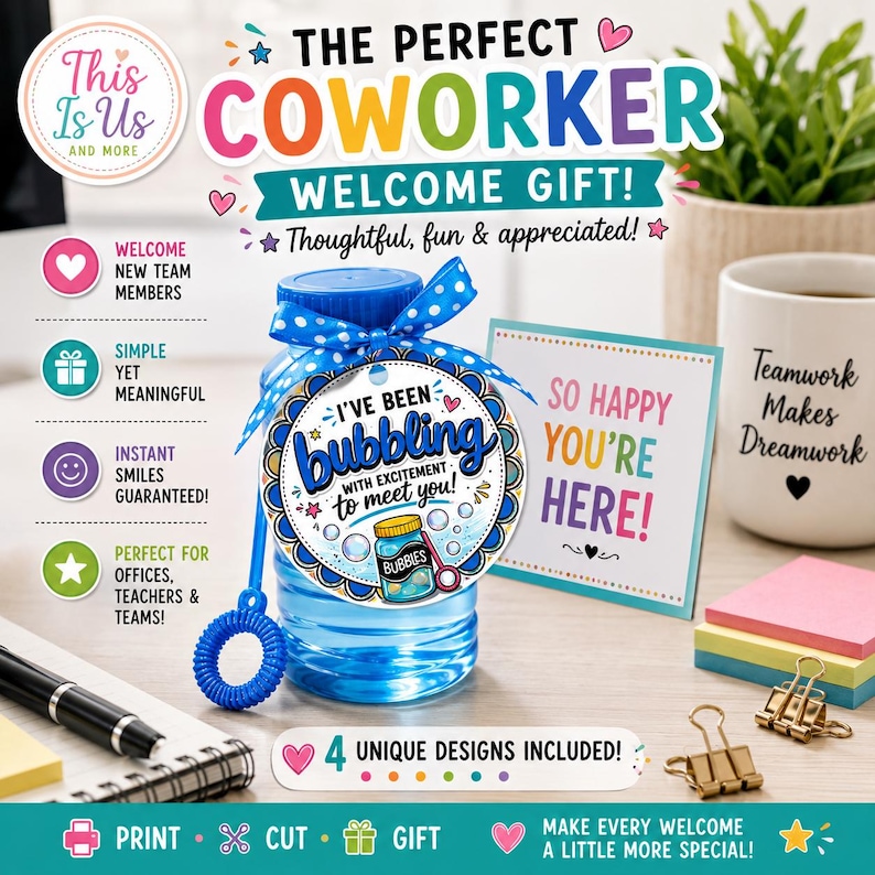 May include: A blue plastic bubble bottle with a polka dot ribbon and a circular tag reading I've been bubbling with excitement to meet you, accompanied by a square card stating So happy you're here, alongside office supplies and a mug.