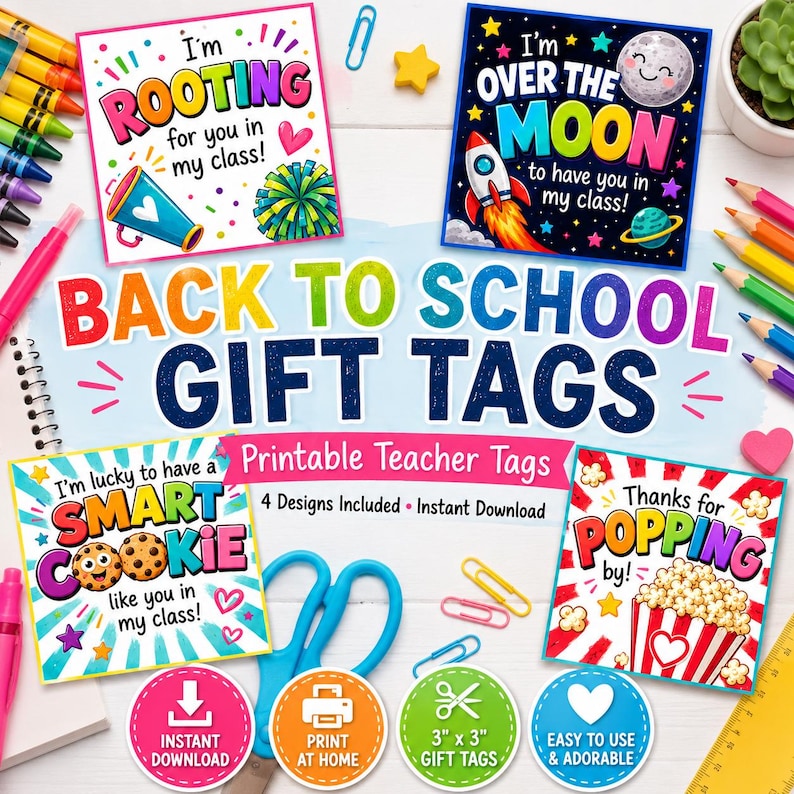 May include: Four square gift tags with colorful graphics and text including I'm Rooting for you in my class, I'm Over the Moon to have you in my class, I'm lucky to have a Smart Cookie like you in my class, and Thanks for Popping by, with school supplies.