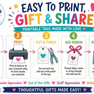 May include: Colorful graphic with instructions for printable gift tags. Steps include download, print, cut, add ribbon, and attach. Text includes "Easy to Print, Gift & Share!" and "Printable Tags Made with Love."