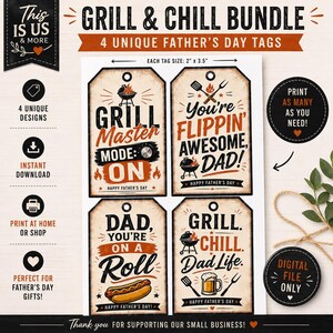 May include: A set of four Father's Day gift tags with grilling themes. Each tag is 5.08 cm x 8.89 cm and features phrases like "Grill Master" and "You're Flippin' Awesome, Dad!" The tags are brown with black and orange text and illustrations.