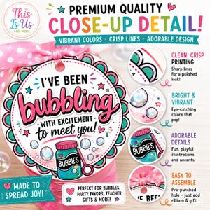 May include: A round gift tag featuring the text I'VE BEEN bubbling WITH EXCITEMENT to meet you! and an illustration of a blue bubble jar. The tag has a scalloped teal border, pink polka dot ribbon, and four circular detail insets showing print quality.