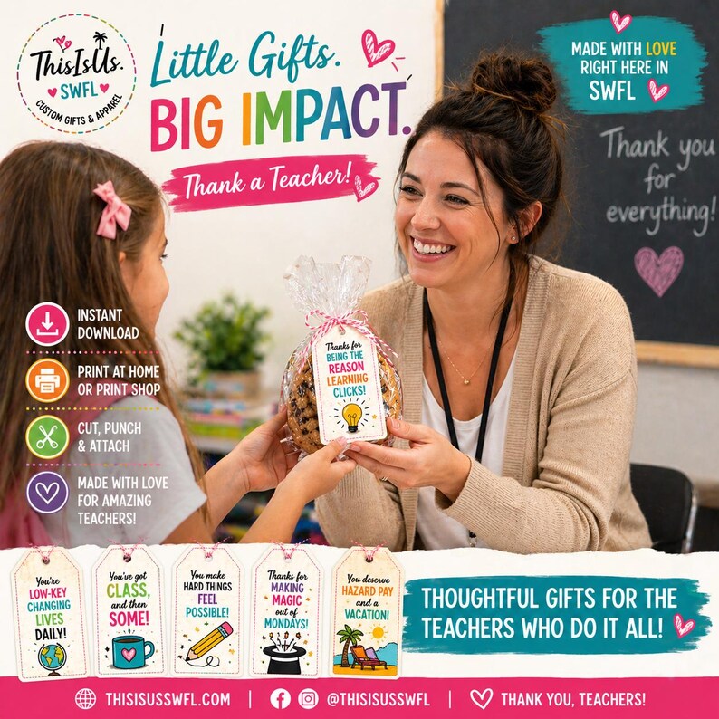 May include: A promotional image for teacher appreciation gifts. The image features a woman and a child holding a wrapped cookie with a tag that reads, "Thanks for being the reason learning clicks!" Text includes "Little Gifts, Big Impact" and "Thoughtful Gifts for the Teachers Who Do It All!"