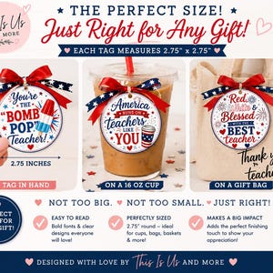 K&ouml;nnte beinhalten: Geschenkanh&auml;nger mit patriotischen Designs. Einer sagt "You're the Bomb Pop Teacher!" mit einem rot-wei&szlig;-blauen Eis am Stiel. Ein anderer sagt "America Runs on Teachers Like You" mit einer Kaffeetasse. Der dritte sagt "Red, White & Blessed with the Best Teacher."
