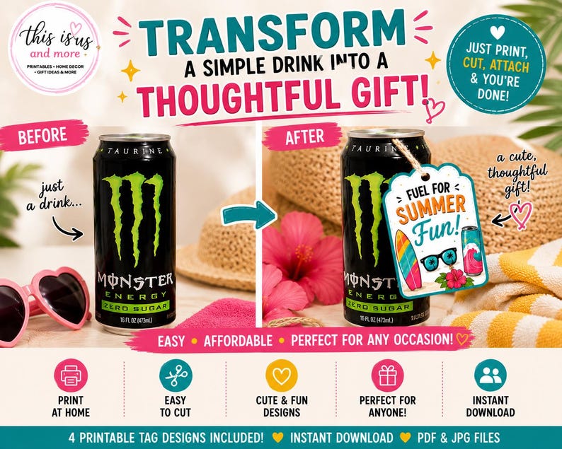 May include: Printable gift tag design with the text "Fuel for Summer Fun!" attached to a Monster Energy drink can. The tag features sunglasses, a surfboard, and a drink illustration. The image also includes the text "Transform a simple drink into a thoughtful gift!"