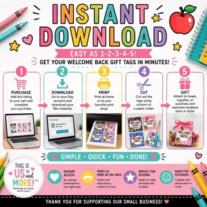 May include: An instructional graphic for instant download gift tags featuring five steps: purchase, download, print, cut, and gift. The design includes colourful text, icons, and illustrations of crayons, an apple, and a bag of treats.