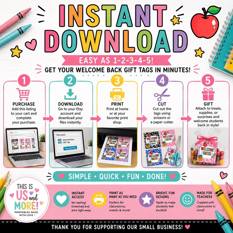 May include: An instructional graphic for instant download gift tags featuring five steps: purchase, download, print, cut, and gift. The design includes colourful text, icons, and illustrations of crayons, an apple, and a bag of treats.