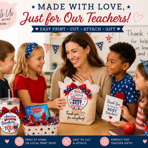 K&ouml;nnte beinhalten: Eine Lehrerin und Kinder sind von Geschenken umgeben, darunter eine Tasche, ein Becher und ein Korb mit Leckereien. Auf der Tasche steht "Red, White & Blessed BEST teacher". Das Bild enth&auml;lt auch den Text "Made with Love, Just for Our Teachers!" und "Easy Print - Cut - Attach - Gift".