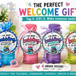 May include: Four plastic bubble bottles in blue, pink, purple, and green, each with a matching ribbon and a round tag featuring the text I'VE BEEN bubbling WITH EXCITEMENT to meet you! and a small illustration of a bubble jar with the word BUBBLES.