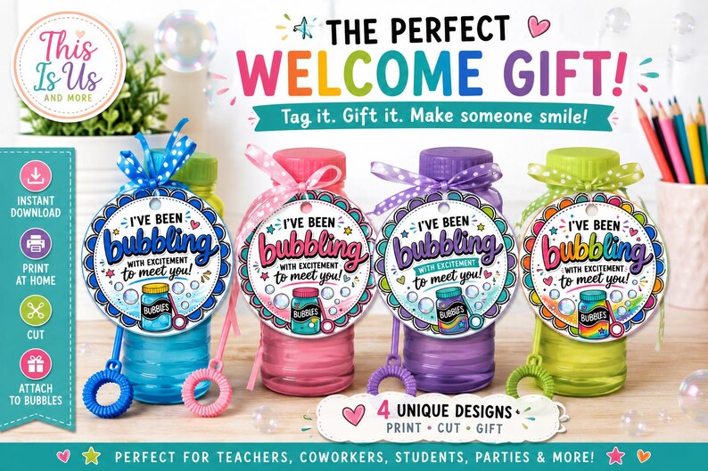 May include: Four plastic bubble bottles in blue, pink, purple, and green, each with a matching ribbon and a round tag featuring the text I'VE BEEN bubbling WITH EXCITEMENT to meet you! and a small illustration of a bubble jar with the word BUBBLES.