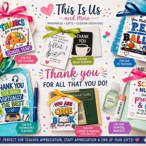 May include: A collection of gift tags and items for teacher appreciation. The tags have messages like "Thank you" and "You make P.E. Ball!" with colorful designs and bows. Includes items like lip balm and hand sanitizer.