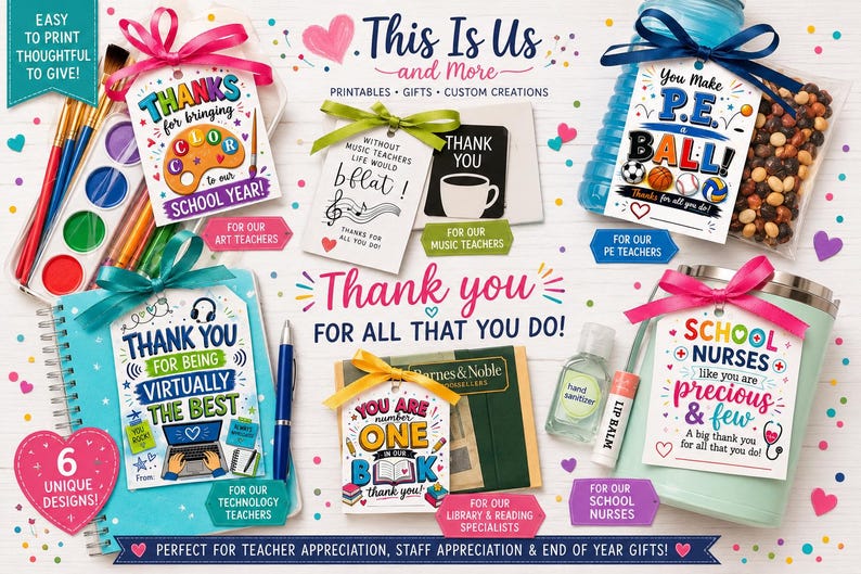May include: A collection of gift tags and items for teacher appreciation. The tags have messages like "Thank you" and "You make P.E. Ball!" with colorful designs and bows. Includes items like lip balm and hand sanitizer.