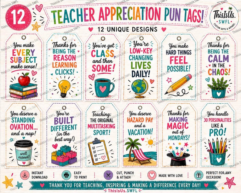 May include: A colorful sheet of 12 teacher appreciation pun tags with unique designs. Each tag features a different pun and illustration, such as an apple on books, a lightbulb, a coffee cup, and a pencil. The tags are designed for instant download and easy printing.