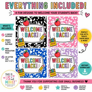 May include: Four square printable tags featuring a cow print background in black, pink, blue, and purple. Each tag displays a white sign with the text WELCOME BACK!, a red apple, and a yellow box of crayons with a yellow pencil. Designed for 21.6 x 27.9 cm paper.