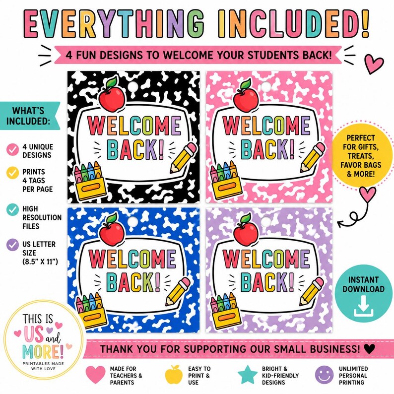 May include: Four square printable tags featuring a cow print background in black, pink, blue, and purple. Each tag displays a white sign with the text WELCOME BACK!, a red apple, and a yellow box of crayons with a yellow pencil. Designed for 21.6 x 27.9 cm paper.