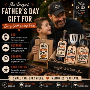 May include: Father's Day gift set with a grilling theme. Includes a gift box with a tag that says "Dad, You're on a Roll", a beer bottle, and grilling tools. The image also features a man and a child smiling.
