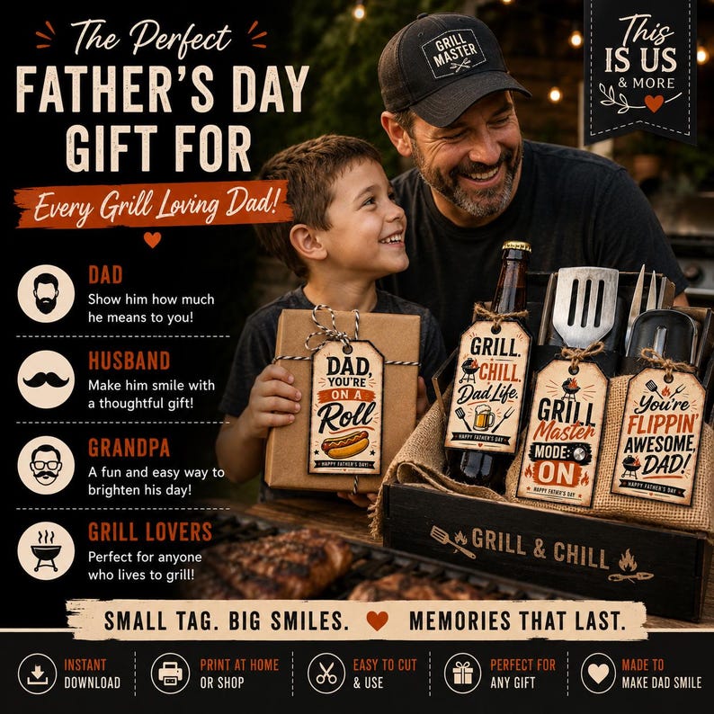 May include: Father's Day gift set with a grilling theme. Includes a gift box with a tag that says "Dad, You're on a Roll", a beer bottle, and grilling tools. The image also features a man and a child smiling.